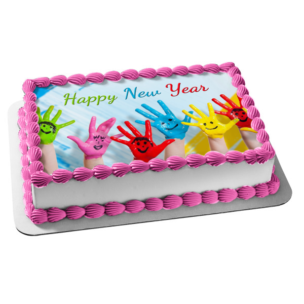Happy New Year Kids Hands Painted with Smiley Faces Edible Cake Topper Image ABPID53180
