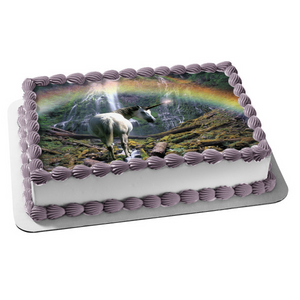 White Unicorn Rainbow Waterfall Trees Edible Cake Topper Image ABPID01474