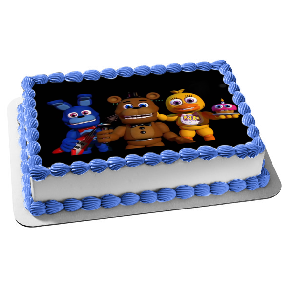 Five Night's at Freddy Babies Chica Bonnie Cupcake Black Background Edible Cake Topper Image ABPID01489