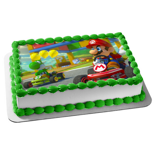 Mario Kart Yoshi and Race Cars Edible Cake Topper Image ABPID01527