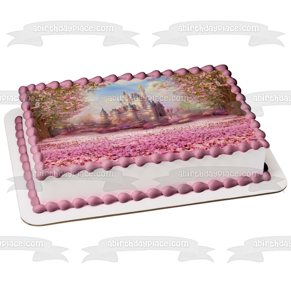 Snow White Castle Pink Flowers and a Rainbow Edible Cake Topper Image ABPID01546