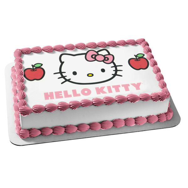 Hello Kitty Logo Pink Bow Apples Gijinka Edible Cake Topper Image ABPID01694