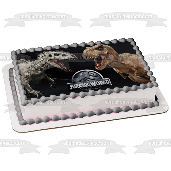 Jurassic World Logo Indominus Rex and Tyrannosaurus Rex Dinosaurs Edible Cake Topper Image ABPID01695
