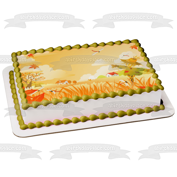 Fall Scarecrow Scene Dragonfly Bench Edible Cake Topper Image ABPID01861