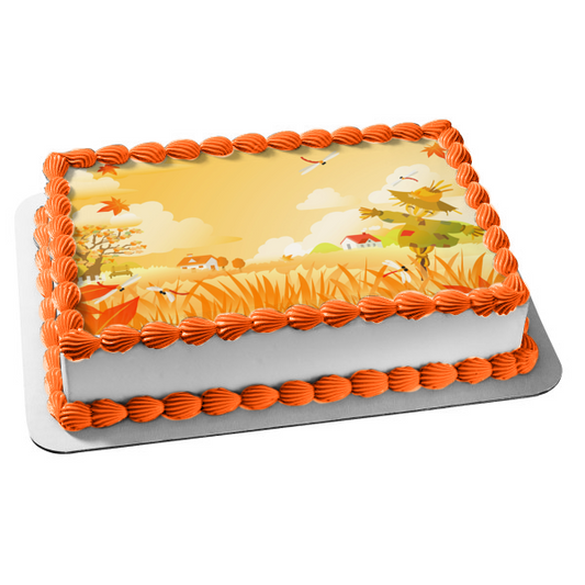 Fall Scarecrow Scene Dragonfly Bench Edible Cake Topper Image ABPID01861