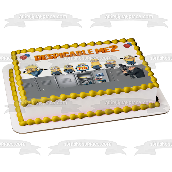 Despicable Me 2 Minions School Lockers Gru Kevin Stuart Balloons Edible Cake Topper Image ABPID01883