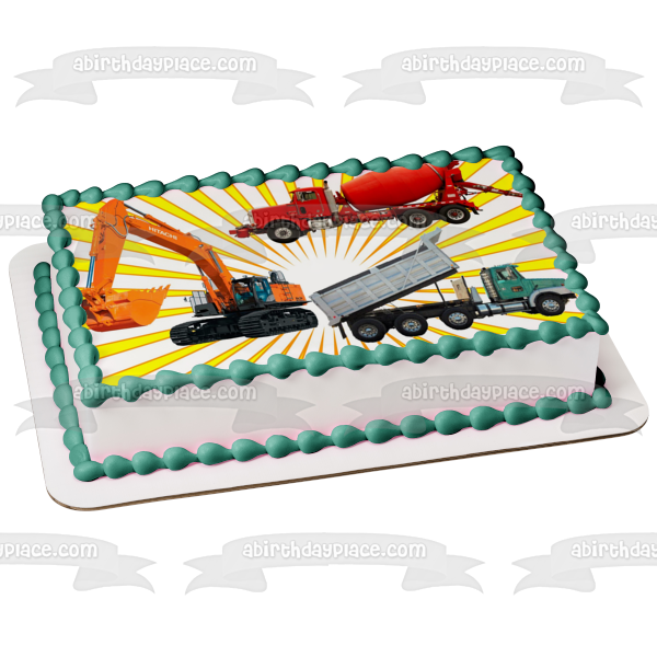 Construction Trucks Cement Truck Dump Truck and an Excavator Edible Cake Topper Image ABPID01890