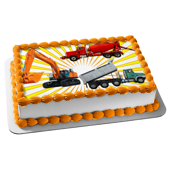 Construction Trucks Cement Truck Dump Truck and an Excavator Edible Cake Topper Image ABPID01890