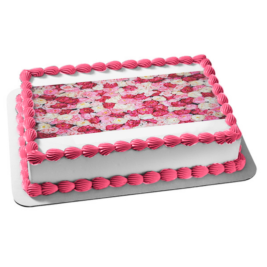 Roses Pattern White Pink and Red Edible Cake Topper Image ABPID01925