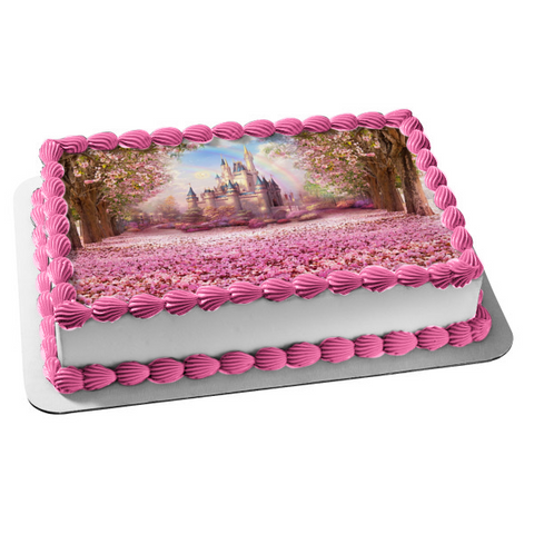 Castle Double Rainbow Flowers Roses Pink Edible Cake Topper Image ABPID01977