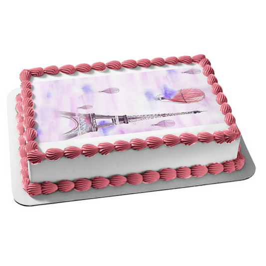 Eiffel Tower Hot Air Balloons and a Cloudy Sky Background Edible Cake Topper Image ABPID01994