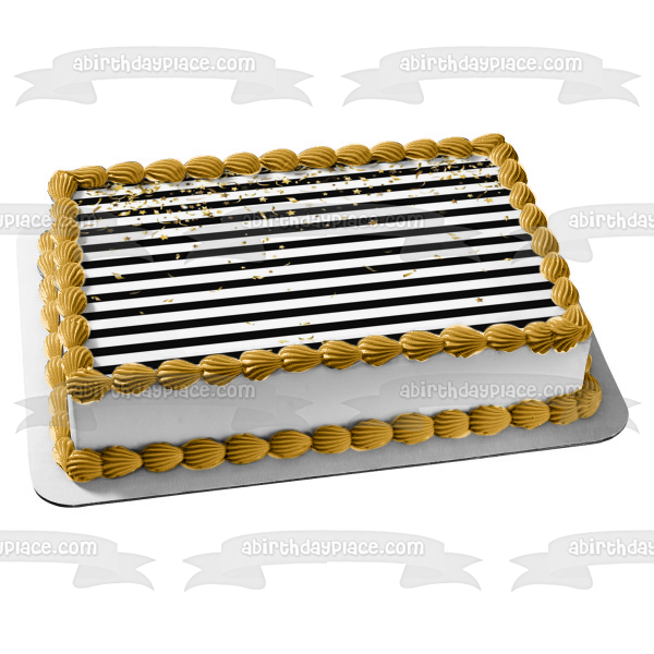 Black and White Stripes Gold Stars Confetti Edible Cake Topper Image ABPID02007