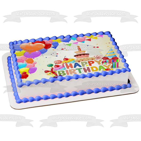 Happy Birthday Balloons Cake Candy and  Presents Edible Cake Topper Image ABPID02086