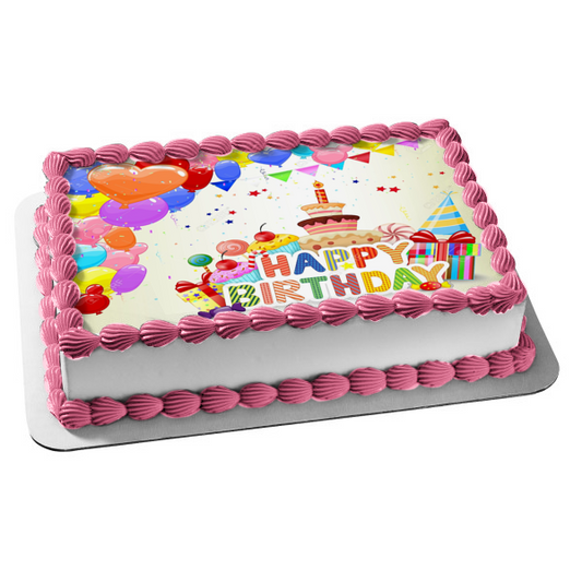 Happy Birthday Balloons Cake Candy and  Presents Edible Cake Topper Image ABPID02086