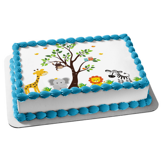 Decoración comestible para tarta con animales de safari de la selva, jirafa, búho, mono, león, elefante, cebra, árbol y pájaros, imagen ABPID03210 