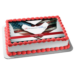 Veterans Day "Thank You" Hand Heart American Flag Edible Cake Topper Image ABPID53298