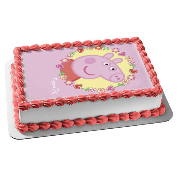 Peppa Pig Flowers Hearts Edible Cake Topper Image ABPID03313