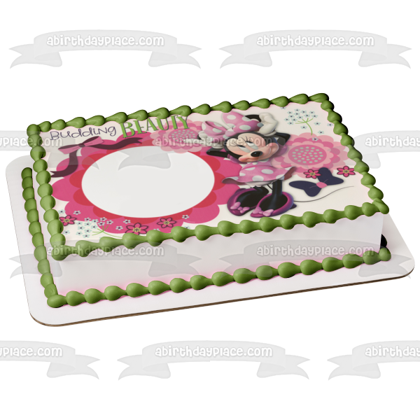 Marco de imagen comestible para decoración de tarta con flores y lazos de Minnie Mouse ABPID03420 