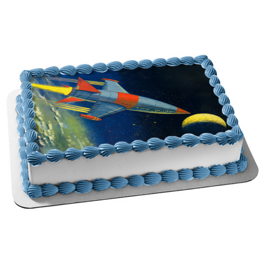 Rocket Ship Moon Outer Space Edible Cake Topper Image ABPID03435