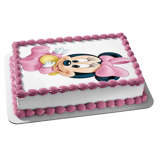 Adorno comestible para tarta de Minnie Mouse con un lazo rosa, imagen ABPID04003 