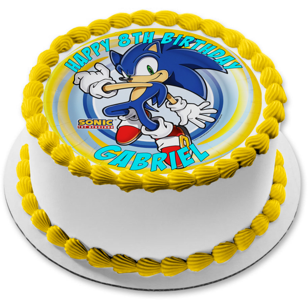 Sonic the Hedgehog Logo Sonic Yellow Blue Spiral Background Edible Cake Topper Image ABPID04706