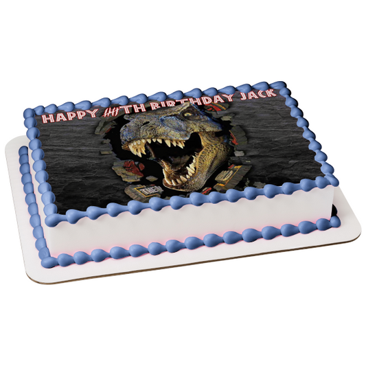 Parque Jurásico El Mundo Perdido T-Rex estallando a través de la pared Decoración comestible para tarta Imagen ABPID52615 