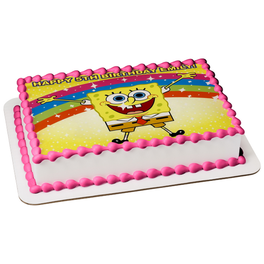SpongeBob SquarePants Jumping Rainbow Yellow Background Edible Cake Topper Image ABPID00386