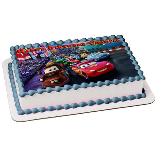 Disney Cars Lightening McQueen Race Track Mater Sally Filmore Luigi Edible Cake Topper Image ABPID00528