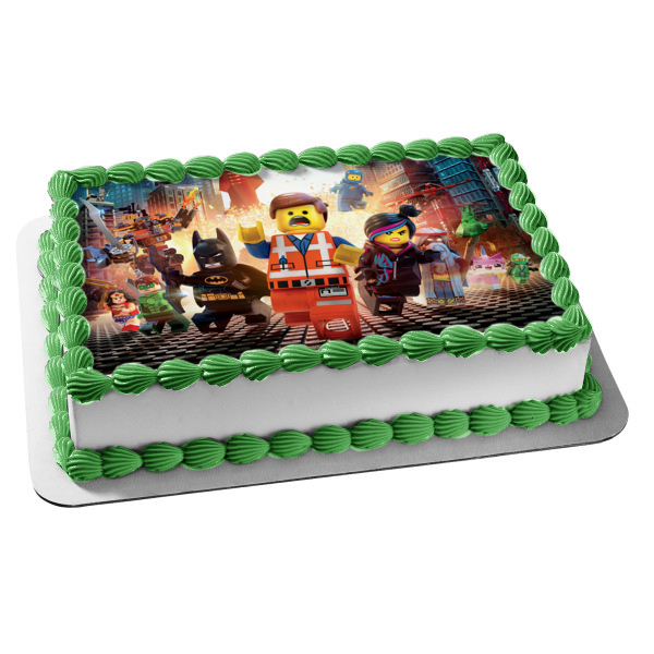 LEGO Movie Batman Emmet Lucy Green Lantern Wonder Woman and Rex Edible Cake Topper Image ABPID03660
