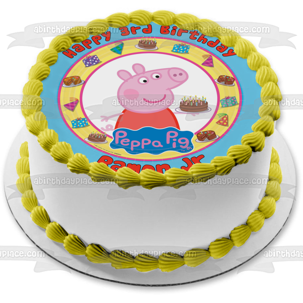 Peppa Pig Birthday Party Cake Presents Party Hats Edible Cake Topper Image ABPID03367