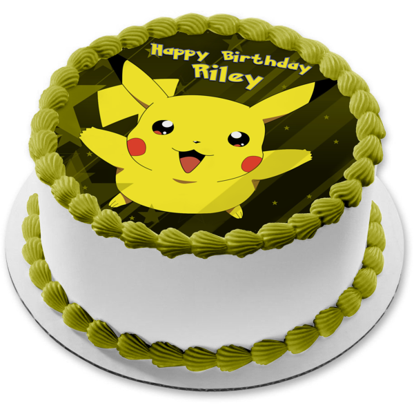 Pokemon Pikachu with a Green Star Background Edible Cake Topper Image ABPID05776