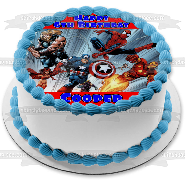 Marvel Comics The Avengers Captain America Iron Man Thor Spider-Man Rushing Into Battle Edible Cake Topper Image ABPID09266