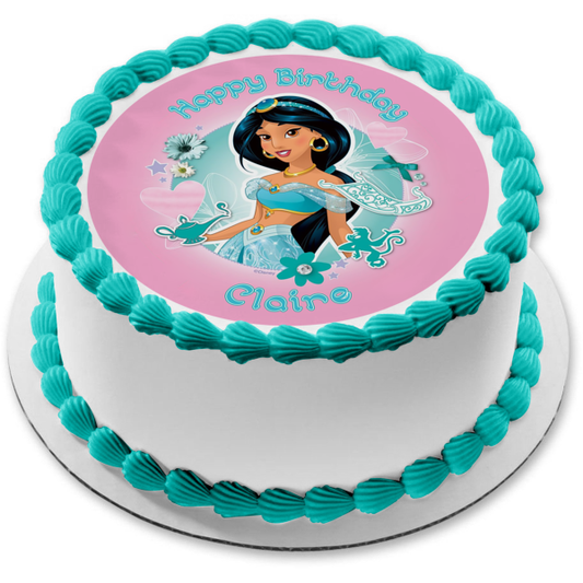 Disney Princess Jasmine Aladdin Flowers Hearts Pink Background Edible Cake Topper Image ABPID21893
