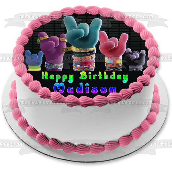 Trolls World Tour Happy Birthday Personalized Rock Hands Edible Cake Topper Image ABPID51988