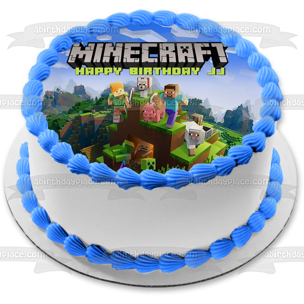 Minecraft Steve Creepers Pig Dog Mountains Edible Cake Topper Image ABPID51089