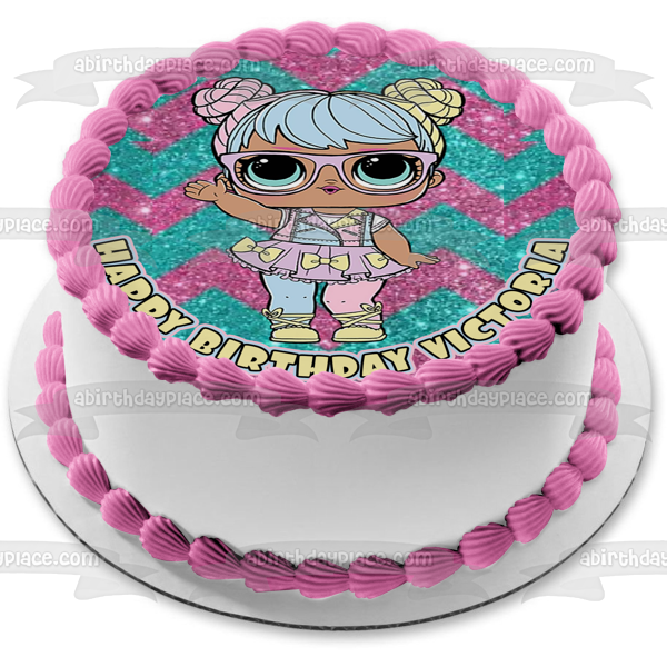 LOL Surprise Lil Outrageous Pink Blue Sparkly Background Edible Cake Topper Image ABPID50959