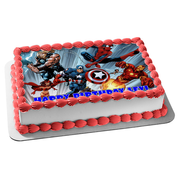 Marvel Comics the Avengers Captain America Iron Man Thor Spider-Man Rushing Into Battle Edible Cake Topper Image ABPID09266