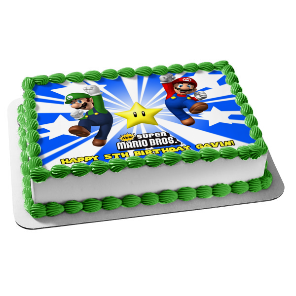 New Super Mario Brothers Luigi Yellow Star Edible Cake Topper Image ABPID07154
