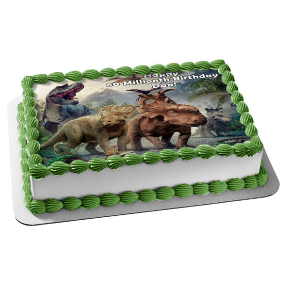 Walking with Dinosaurs Cretaceous Period Tyrannosaurus Rex Triceratops Edible Cake Topper Image ABPID06879