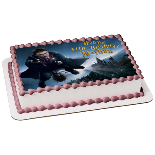 Adorno comestible para tarta de Harry Potter y su escoba, Escuela de Magia Hogwarts, imagen ABPID05760 