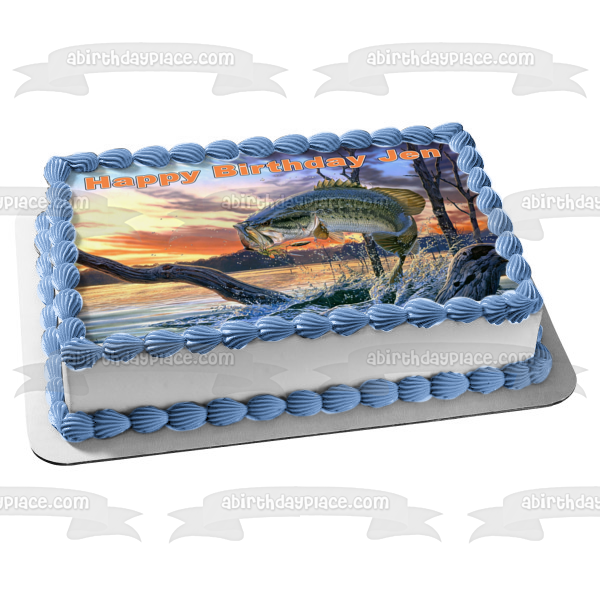 Bass Fishing Fish Out of Water Sunset Edible Cake Topper Image