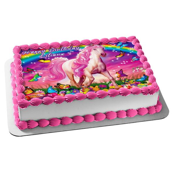 Rainbow Horse Sparkles Butterflies Flowers Mushroom Colorful Edible Cake Topper Image ABPID04203