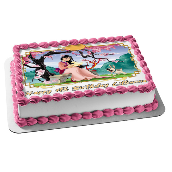 Mulan Plum Tree Bench Paper and a Dog Edible Cake Topper Image ABPID04006
