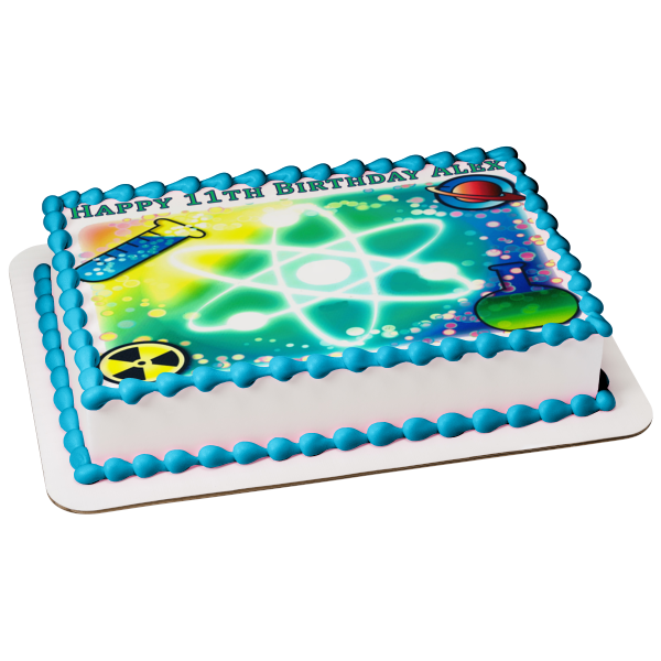 Chemistry Molecule Science Beaker Planet and a Test Tube Edible Cake Topper Image ABPID03887