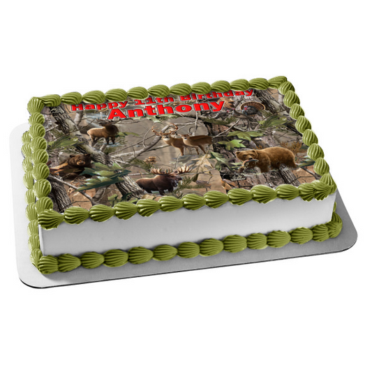Camouflage Hunting Deer Bear Moose Turkey and a Tree Edible Cake Topper Image ABPID03239
