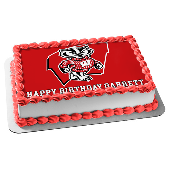 Wisconsin Badger Logo Red Background Edible Cake Topper Image ABPID01497