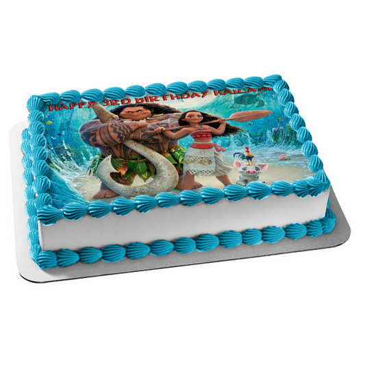 Disney Moana Maui Fish Hook Hei Hei the Rooster Pua Pig Edible Cake Topper Image ABPID22006