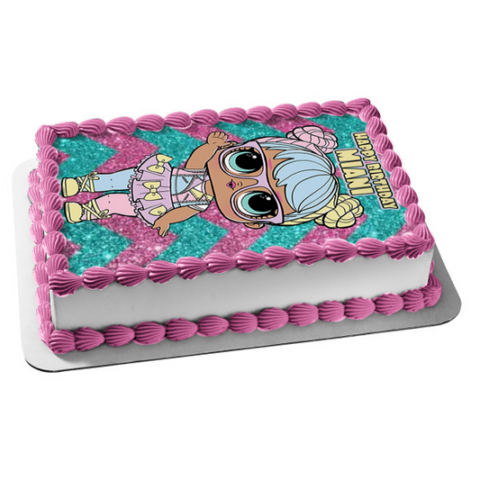 LOL Surprise Lil Outrageous Pink Blue Sparkly Background Edible Cake Topper Image ABPID50959