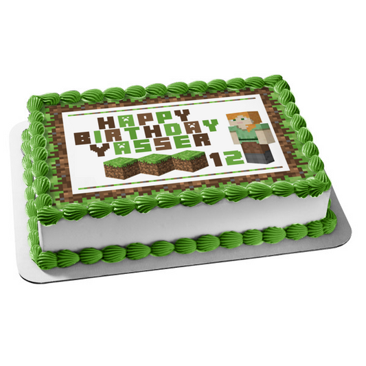 Minecraft Feliz Cumpleaños Alex Dirt Blocks Imagen comestible para decoración de tarta ABPID51126 