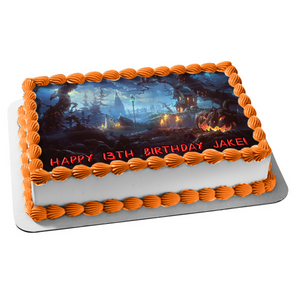Halloween Pumpkin Trees and a Haunted House Edible Cake Topper Image ABPID03393
